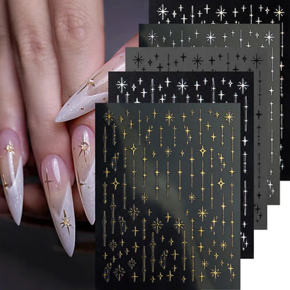 3D Star Nail Art Stickers Decals Self-Adhesive Metal Silver DIY Nail Stickers Decoration Decals Manicure Accessories