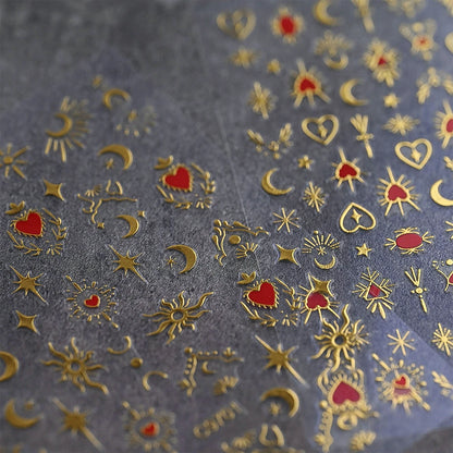 1pcs 3D Bronzing Gold Love Heart Nail Art Stickers Y2K Holographic Stars Sun Starlight DIY Nail Decals Heart Manicure Decoration
