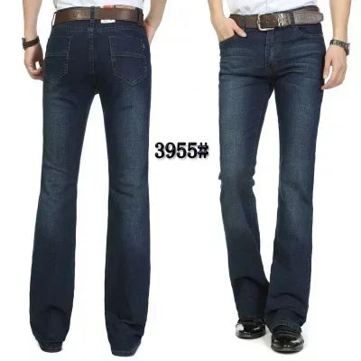 Male Bell Bottom Denim Trousers Slim Black Boot Cut Jeans Men's Clothing Casual Business Flares Pants