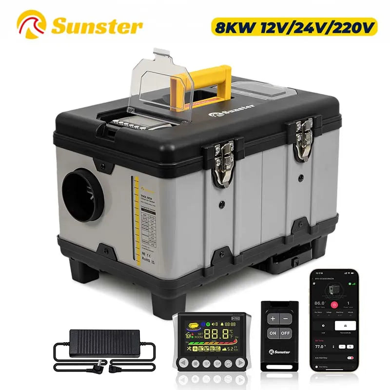 TB10 8KW Toolbox Diesel Air Heater 12V/24V/220V With Adapter/Auto Thermostat/Bluetooth App/Display For Truck Car Parking Heater