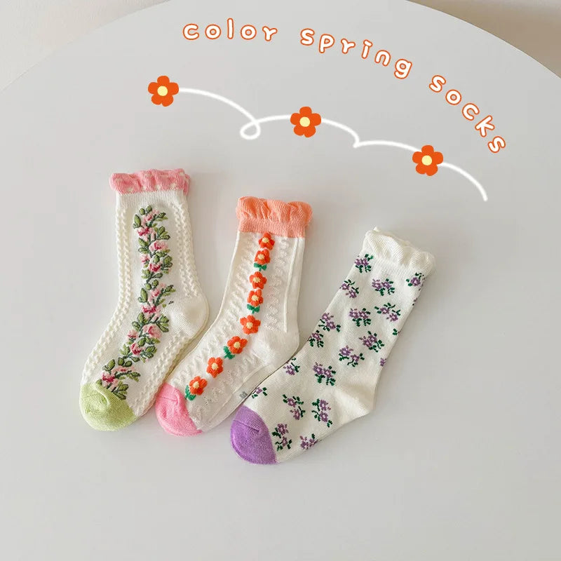 1-12Year 3Pairs Pack 2024 Spring Floral Medium Stockings Embroidery Lace Thin Princess Stockings Girls' Socks
