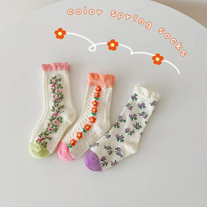 1-12Year 3Pairs Pack 2024 Spring Floral Medium Stockings Embroidery Lace Thin Princess Stockings Girls' Socks