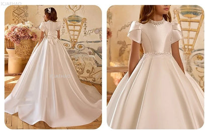 White Wedding Dress for Girls New Satin Princess Party Gown Clothes Children Birthday Host Piano Performance Pageant Costume