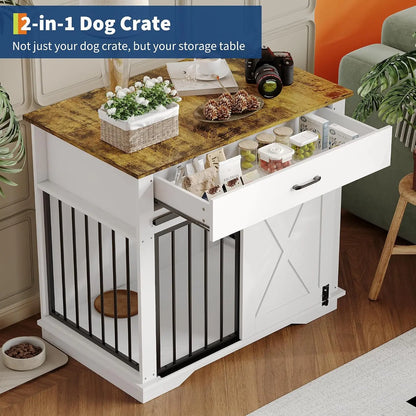 Garvee Modern Farmhouse Wooden Dog Crate Furniture, Double Sliding Door Pet Kennel End Table with Two Storage Drawers, Indoor Decorative Dog Cage, Easy Assembly for Small & Medium Dogs