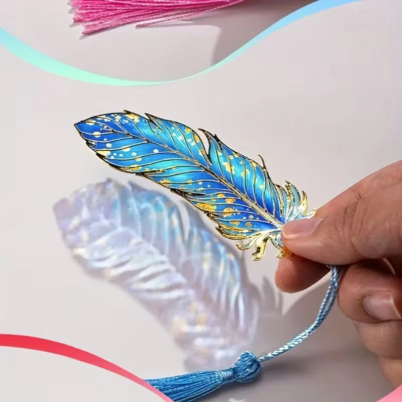 Chinese Style Metal Bookmark with Translucent Peacock Feather & Tassel - Vibrant Colors, Ideal Gift for Teachers/Students