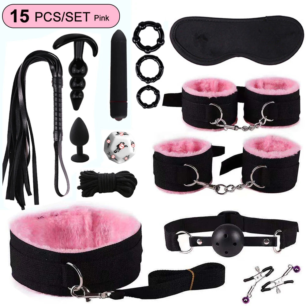 Hot Exotic Bed Bondage Set BDSM Kits Exotic Sex Toys For Women  Adults Games Leather Handcuffs Whip Gag Nipple Clamps Sex Shop