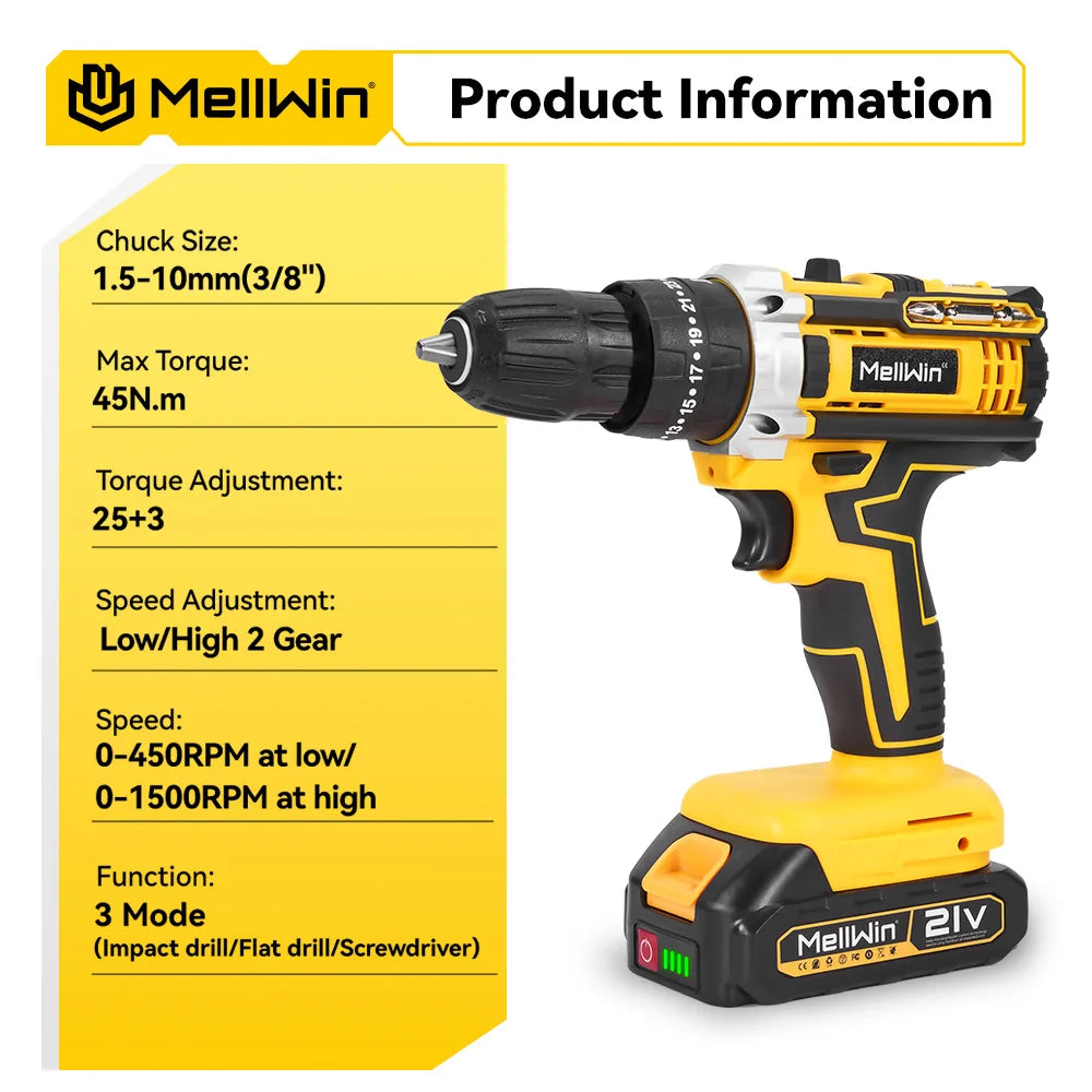 MELLWIN 25+3 Torque Electric Impact Drill Set Multipurpose Cordless Electric Screwdriver Power Tool For Makita 18V Battery Pin