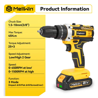 MELLWIN 25+3 Torque Electric Impact Drill Set Multipurpose Cordless Electric Screwdriver Power Tool For Makita 18V Battery Pin