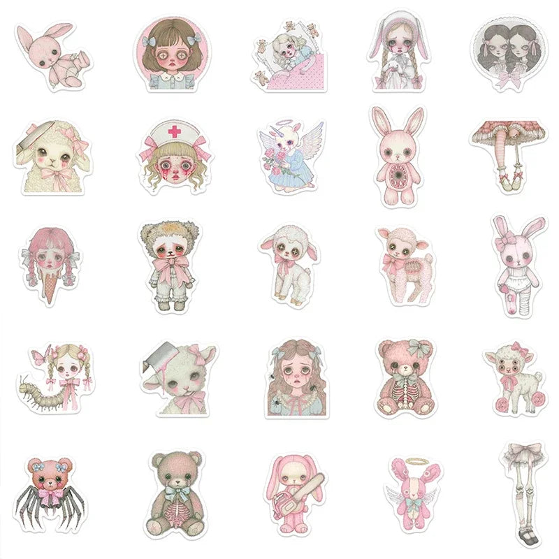 50PCS Pink Creepy Girl Stickers Gothic Horror Decals Bizarre Graffiti Art for DIY Decoration
