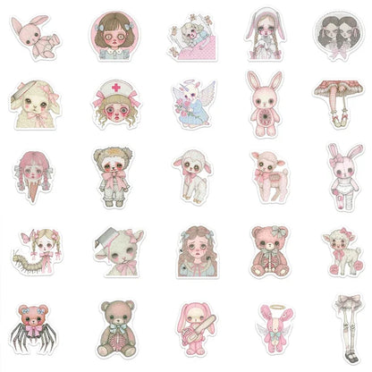 50PCS Pink Creepy Girl Stickers Gothic Horror Decals Bizarre Graffiti Art for DIY Decoration