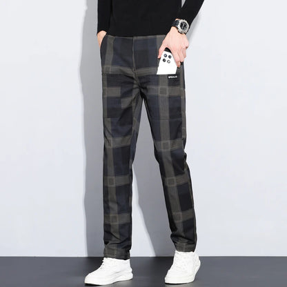 Autumn Winter Luxury Plaid Check Pattern Casual Pants Men Thick Business Elastic Waist Slim Fit Korean Pocket Long Trousers Male