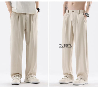 Spring Summer Smooth Casual Pants Men Business Elastic Waist Black Grey Khaki Suit Trousers Male Work Office Plus Size S-5XL