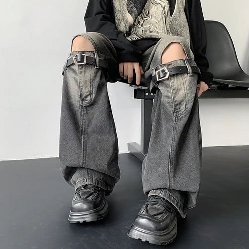 Men's Jeans Retro Trousers Knee Holes Splicing High Street Loose Denim Trousers Flared Jeans Straps Cowboy Casual Long Pants
