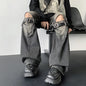Men's Jeans Retro Trousers Knee Holes Splicing High Street Loose Denim Trousers Flared Jeans Straps Cowboy Casual Long Pants