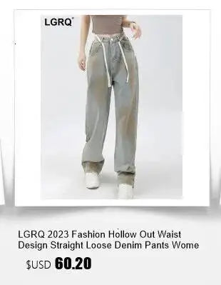 LGRQ Denim Patchwork Pants For Women Fashion New High Waist Contrast Color Belt Straight Pant Female 2026 Summer New 17A2013H