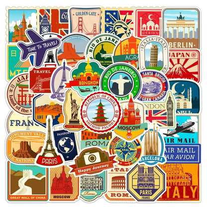 10/25/50pcs Retro World Travel Landmark Stickers Graffiti Vintage Post Stamp Style for Scrapbook Luggage Laptop Phone Car