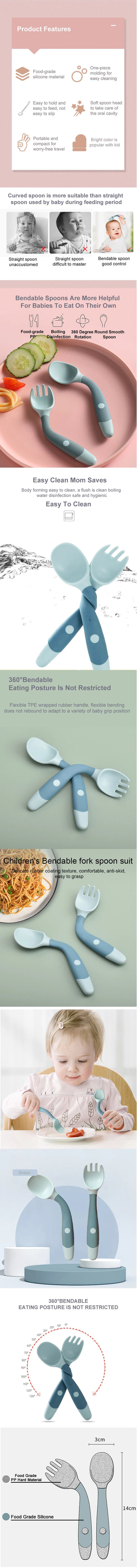 Baby Self Feeding Spoon Set 2Pcs, 360 Twist Anti-Drop Silicone Training Spoon + Fork for 6-24 Month Toddler BPA Free