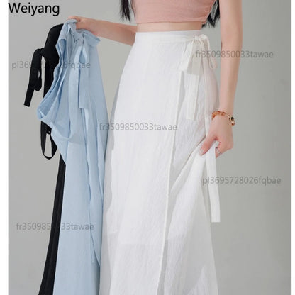 Chic Korea Clothes Summer Women Cute Sweet GIrls Solid Robe Holiday Date High Waist Retro Vintage Wrap One-Piece Lace-Up Skirts