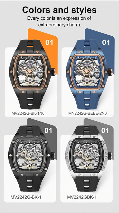 MEGIR Tonneau Skeleton Mechanical Watch Men Sport Wristwatch Silicone Strap Luxury Hollow Dial Male Automatic Mechanical Watches