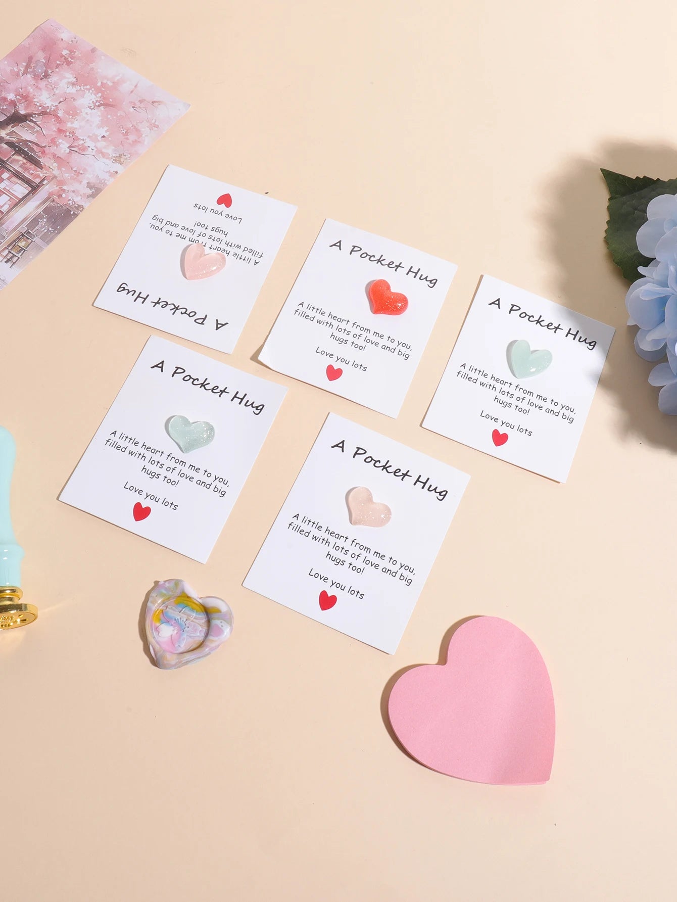 4 Pack Small Cute Pocket Hug Cards, Heart Shape Encouragement Greeting Cards, Mini Love Cards for Birthday Valentine