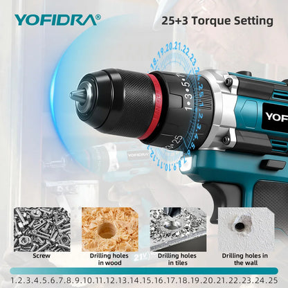 YOFIDRA  3 IN 1 25+3 Torque Electric Impact Drill Cordless Impact Drill Househeld Woodworking Power Tool for Makita Battery Pin