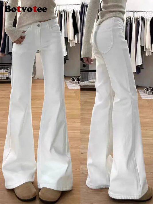 Botvotee White Flare Leg Jeans for Women 2025 Y2k Fashion High Waisted Wide Leg Skinny Stretch Casual Vintage Denim Jeans 90339