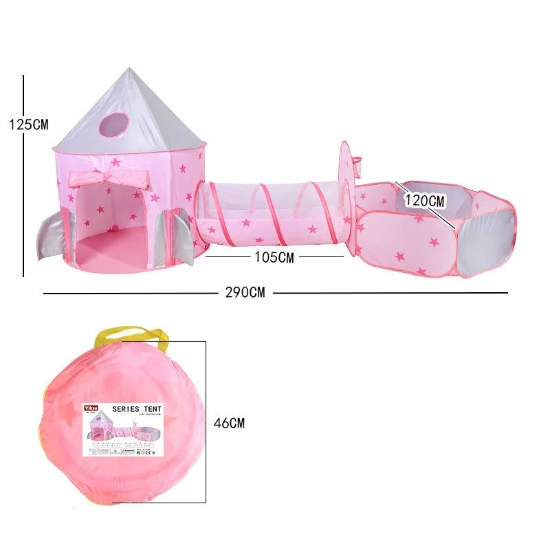Pink Kids Tent with Tunnel & Ball Pit, Princess Play Tent for Girls, Indoor Outdoor Baby Ball Pit Playhouse with Basketball Hoop