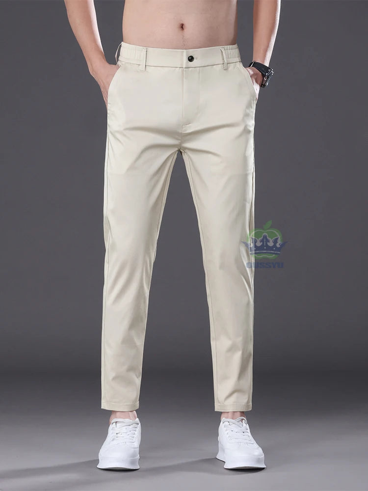 Summer High Quality Cotton Ankle Length Casual Pants Men Business Slim Elastic Waist Jogger Outdoors Korean Work Suit Trousers