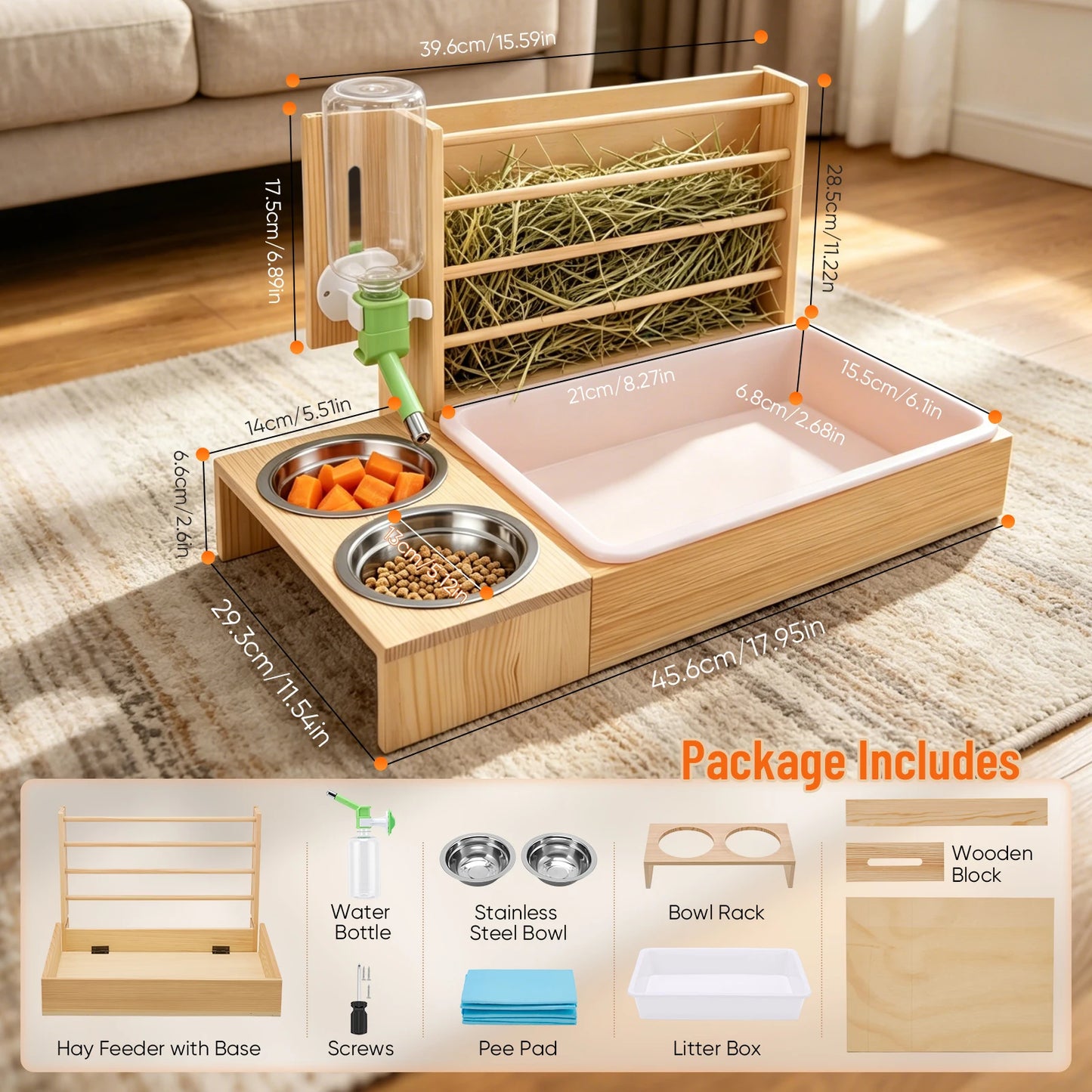 4-in-1 Hay Grater For Rabbits, Feeding Station Removable Hay Distributor For Guinea Pigs With Litter Tray, 2 Trays And Bottle Wood Feeder For Small Animals