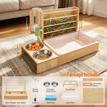 4-in-1 Hay Grater For Rabbits, Feeding Station Removable Hay Distributor For Guinea Pigs With Litter Tray, 2 Trays And Bottle Wood Feeder For Small Animals