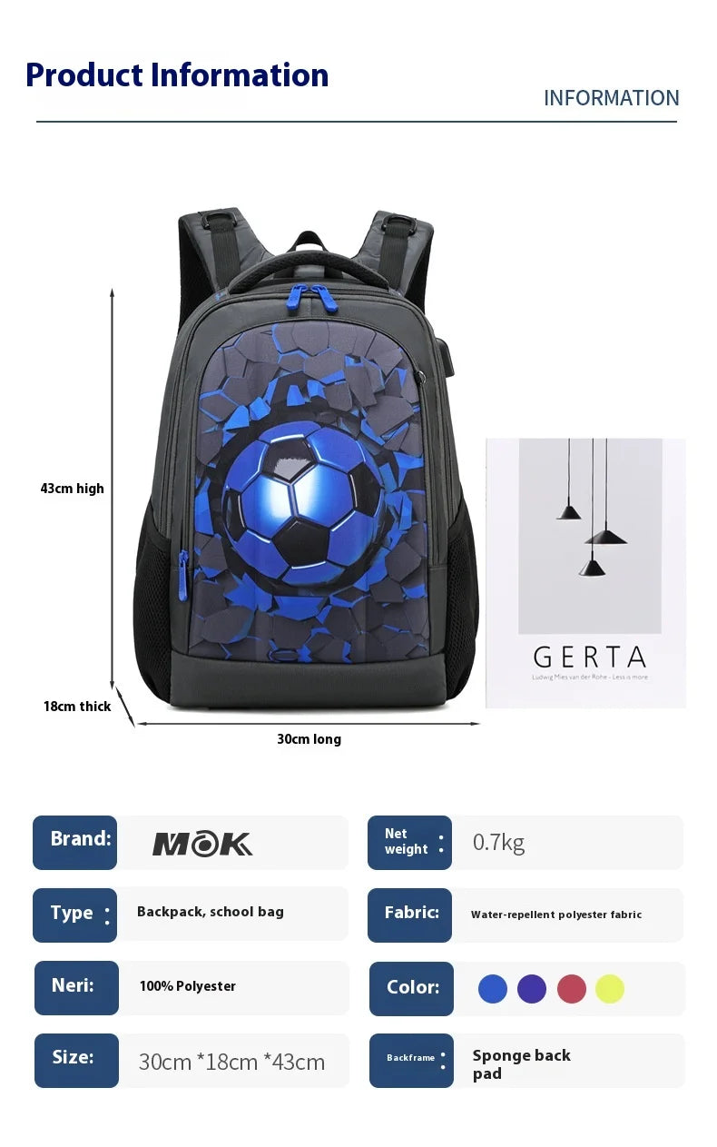 Boys Black Football Backpacks Hard Shell Orthopedic Middle School Student Book Bags USB Charge Multifunctional Bagpack