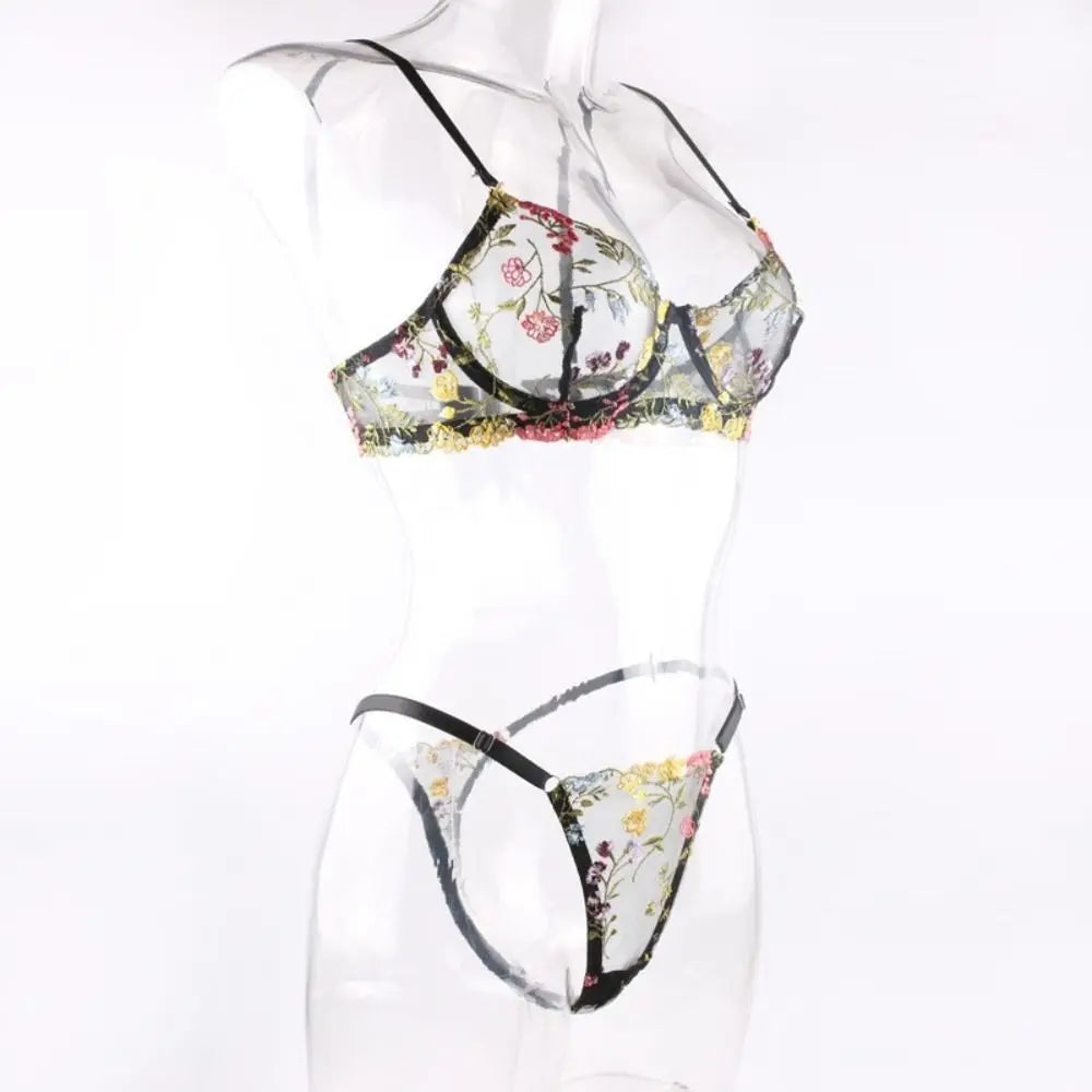 2-Piece Embroidery Lingerie Set Sexy Floral Sheer Wireless Bra Boho Bra Panty Set