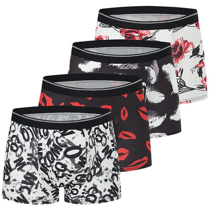 4-piece Set Of Men's Seasonal Fashionable Printed Underwear Comfortable Elastic Waist Flat Angle Pants Plus Size Casual Shorts