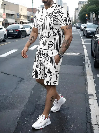 2025 Summer Men's Clothing Letter Print Short Sleeve Top Men's Elastic Waist Shorts 2-piece Set Plus Size T Shirts Shorts Set