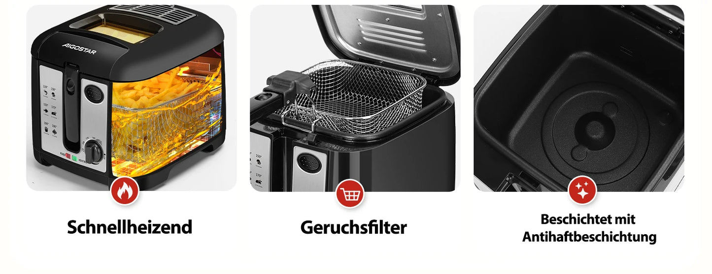 Aigostar gruzdintuvė, 2,5 l talpos, 1650 W, be BPA, su permatomu langu, temperatūros reguliavimu ir ekranu, juoda