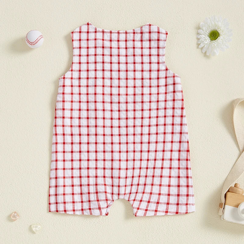 Newborn Baby Boy Girl Baseball Outfit Sleeveless Overalls Romper Smocked Baseball Bubble Summer Plaid Bodysuit
