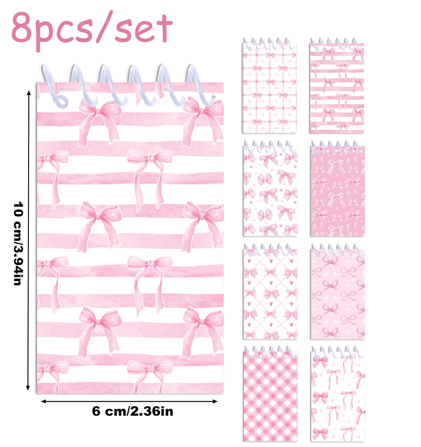 8pcs Pink Bowknot Theme Mini Spiral Pocket Notebooks Memo Pad Coil Booklet Notepads For Office Stationery School Diaries