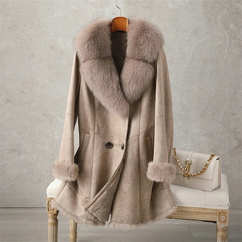 Aorice Women Real Rabbit Leather With Fur Coat Jacket Brand New Female Winter Fox Collar Trench Parka CT189