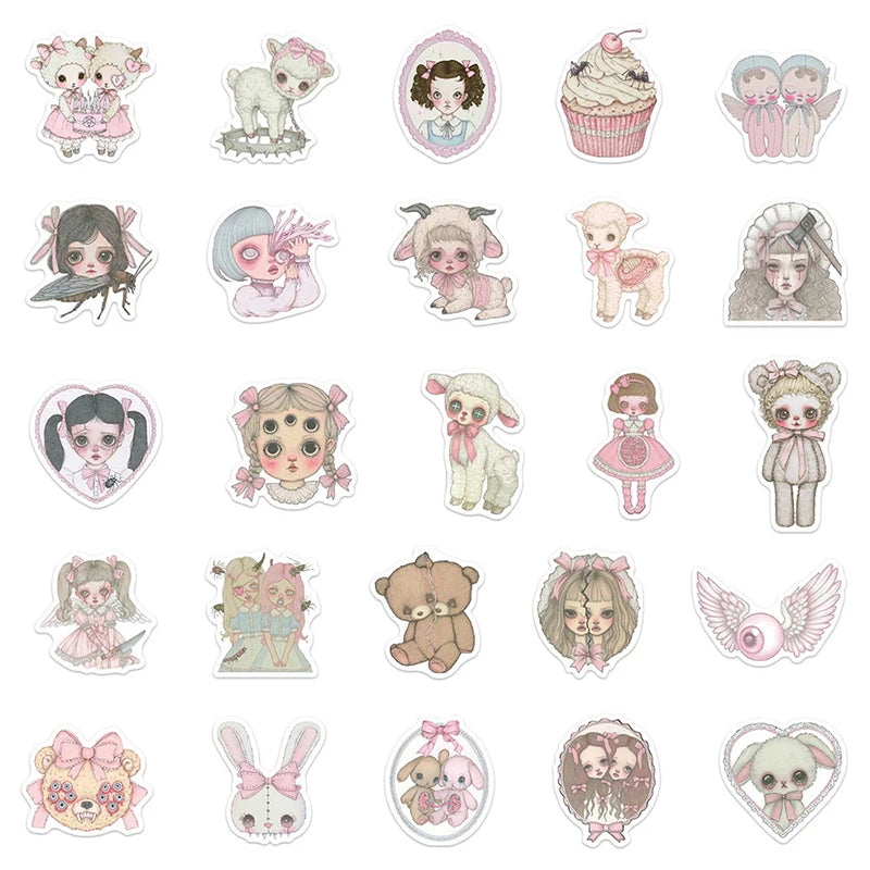 50PCS Pink Creepy Girl Stickers Gothic Horror Decals Bizarre Graffiti Art for DIY Decoration