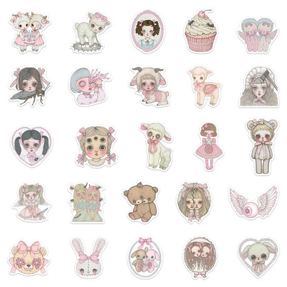 50PCS Pink Creepy Girl Stickers Gothic Horror Decals Bizarre Graffiti Art for DIY Decoration