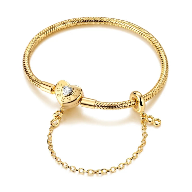 Original Bracelet 925 Sterling Silver Charm Bracelet 17-20CM Golden Heart Love Key Clover Bracelet Bangle Women Jewelry Gift
