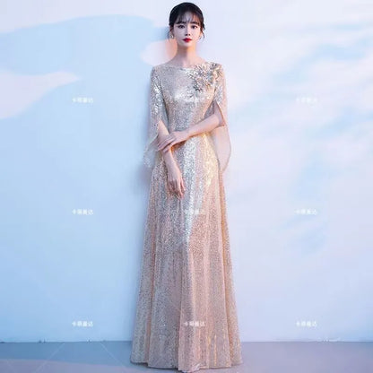 Wine Red Bride's Toast Dress, Women's 2025 New Style Spring Wedding and Engagement Dress, Sequined, Elegant and Grand Evening Dr