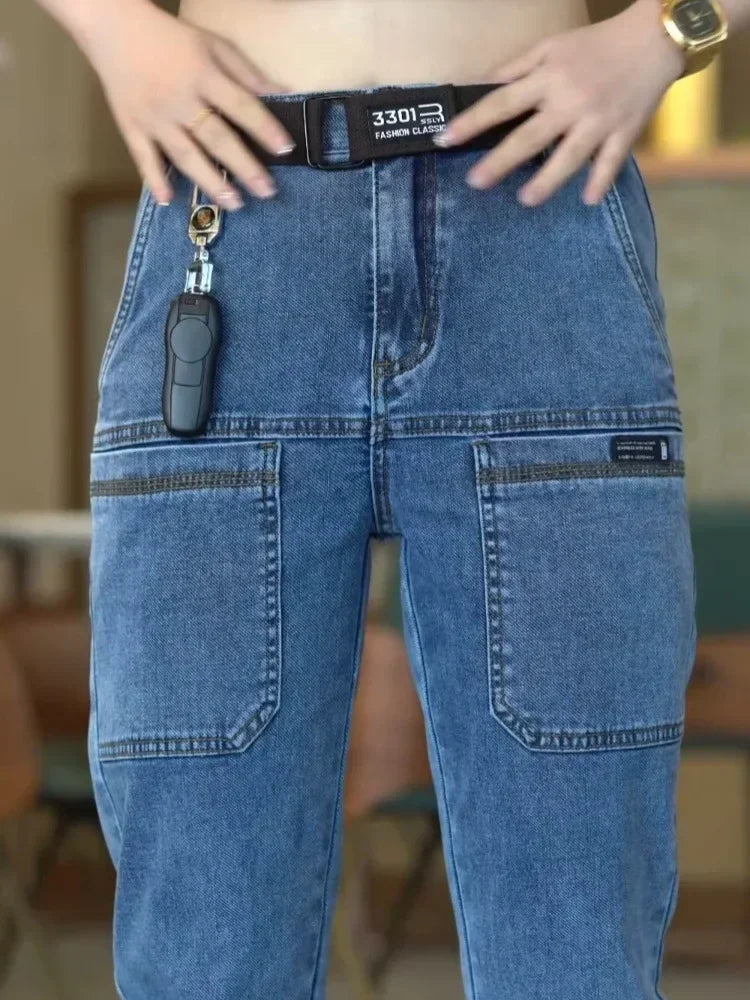 Spring Summer Thin Six Pocket Men's Jeans Elastic Straight Leg Casual Slim Fit Jeans Versatile Multi-Pocket Long Y2K Denim Pants