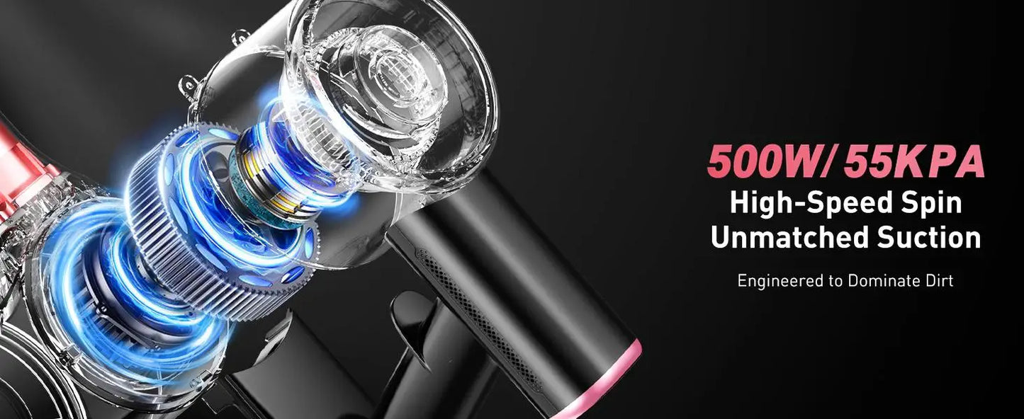 Cordless Vacuum Cleaner, 55Kpa/500W/45min 10 in 1 Powerful Stick Vacuum Cleaner for Home Pet Hair/Hard Floor/Carpet