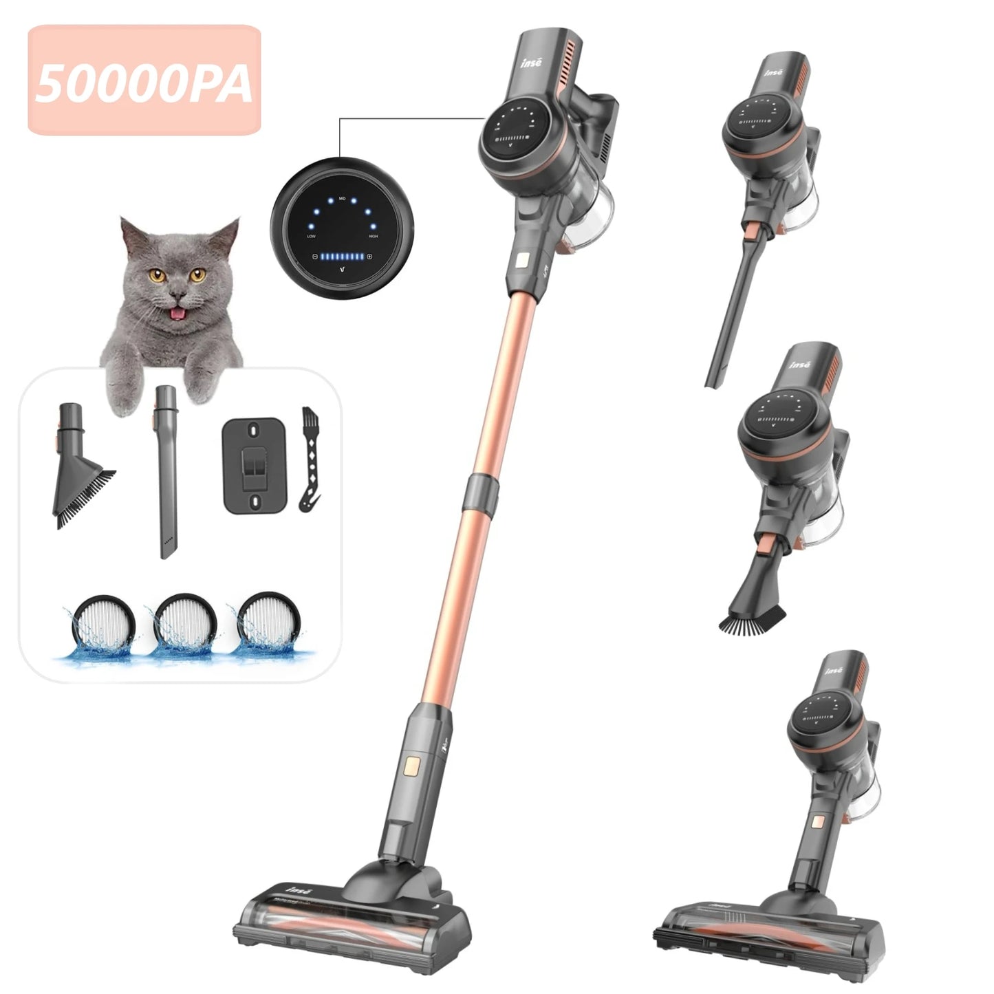 INSE S7P cordless vacuum cleaner, 465W 45KPA Wireless Vacuum Cleaner with Suction Power,  8*2200mAh battery, 50000Pa Strong Suction, 45-60mins runtime,1.2L