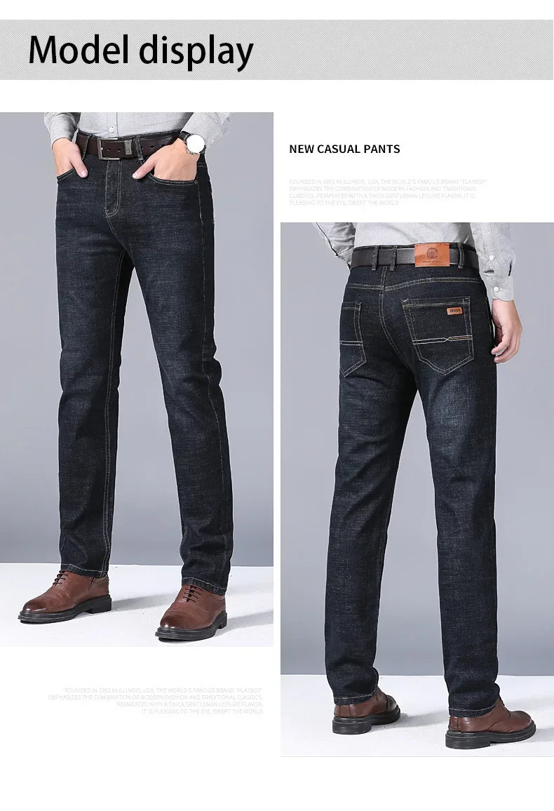 Men Fashion Straight Jeans Mens 2025 New Stretch Slim Fit Pants Comfortable Soft Business Denim Trousers Male Brand Clothing