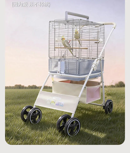 Foldable Lightweight Parrot Stroller Outdoor Travel Pet Carrier with Storage Space