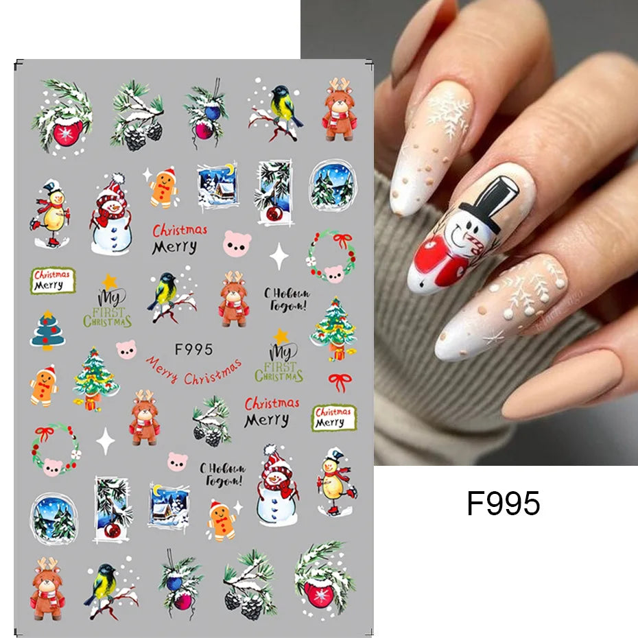 1PCS New Christmas Decorations 2023 New Year Nail Stickers Press on Nails Laser Snowflake Christmas Tree 3D Nail Decal