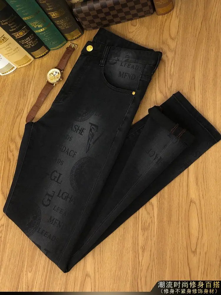 Spring and Autumn Korean Slim Jeans for Men 2025 High-end Luxury Clothing Black Printing Mid-waist Stretch Casual Pencil Pants