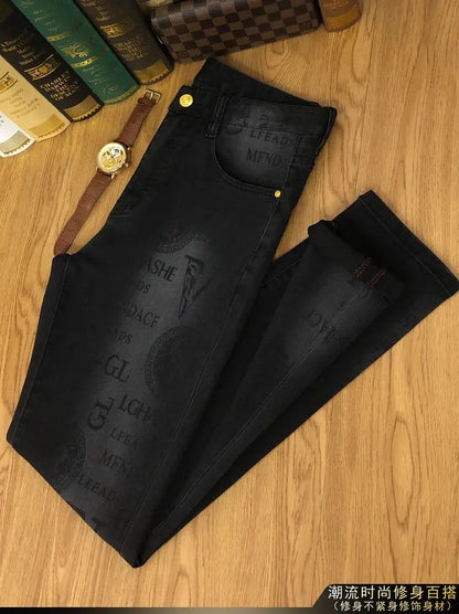 Spring and Autumn Korean Slim Jeans for Men 2025 High-end Luxury Clothing Black Printing Mid-waist Stretch Casual Pencil Pants